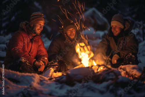Three People Sitting Around a Campfire in the Snow