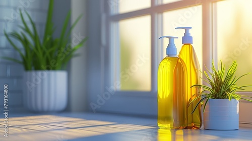  A close-up of a soap bottle next to a potted plant on a windowsill