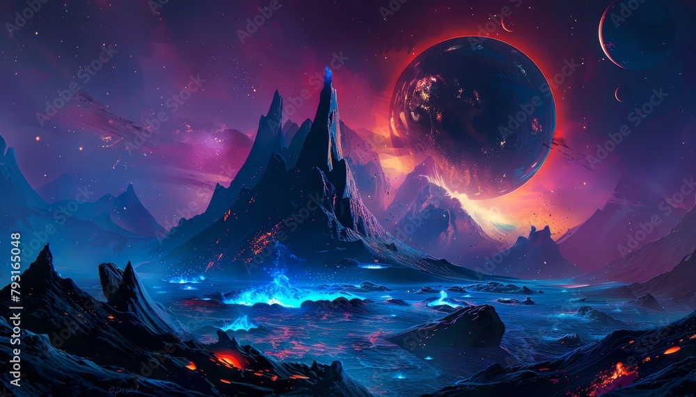  mountains, rocks, night - planets in midnight sky
