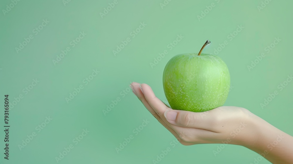 Person holding green apple against light green background Person holding green apple against light green background
