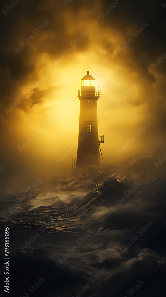 Lighthouse gleaming in the dark, foggy sea