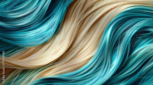  A tight shot of wavy hair in shades of blue and yellow, featuring overlapping highlights in these hues