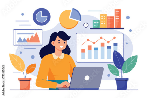 A female worker sitting at a desk, analyzing digital data charts on her laptop, Worker analyzing digital data, charts and graphs, Simple and minimalist flat Vector Illustration