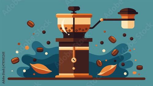 A closeup of a burr grinder crushing a variety of premium coffee blends each one releasing its unique fragrance..