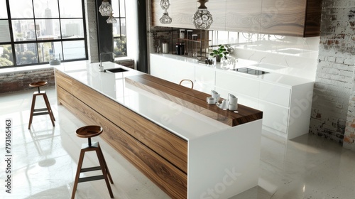 A wide kitchen island with a white countertop and wooden details, providing a modern and functional interior element. --ar 16:9 Job ID: 384036ca-3318-48af-b9fb-66849eaa7bcf