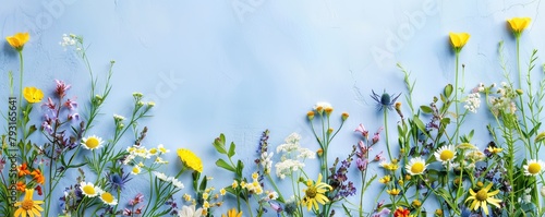 frame around the edges of wild flowers on a light blue background.