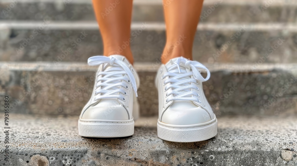   A tight shot of feet in white tennis shoes atop stone steps, legs crossed