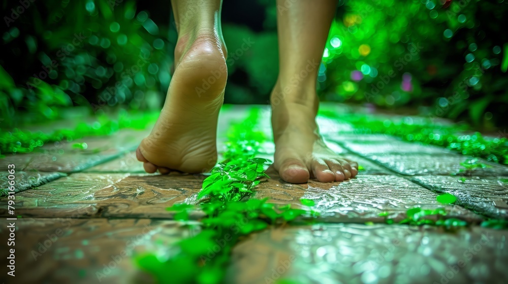 A tight shot of feet, bare and unclad, on a tiled floor Grass, vividly green, sprouts from the ground around them A tight shot of feet, bare and unclad, on a tiled floor Grass, vividly green, sprouts from the ground around them
