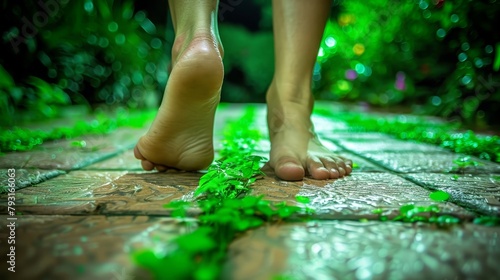  A tight shot of feet, bare and unclad, on a tiled floor Grass, vividly green, sprouts from the ground around them