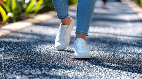  A tight shot of feet in white tennis shoes on a paved path, surrounded by greenery and plants in the background
