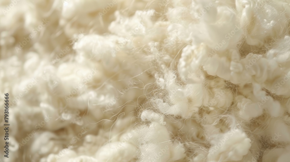 A tight shot of a heap of white wool, speckled with flecks of white yarn atop it A tight shot of a heap of white wool, speckled with flecks of white yarn atop it