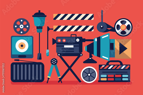 Diverse collection of movie genres displayed on a vibrant red background, Filmmaking tools icon set, Simple and minimalist flat Vector Illustration