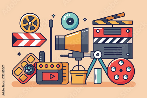 A collection of diverse objects displayed on a table, including filmmaking tools, Filmmaking tools icon set, Simple and minimalist flat Vector Illustration