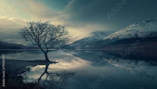  A solitary tree in the center of a body of water Mountains loom in the background Clouds scatter the sky