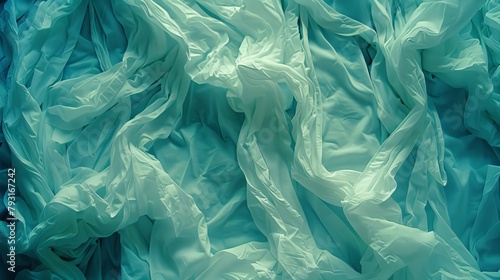   A detailed shot of a blue-and-white fabric, abundantly layered