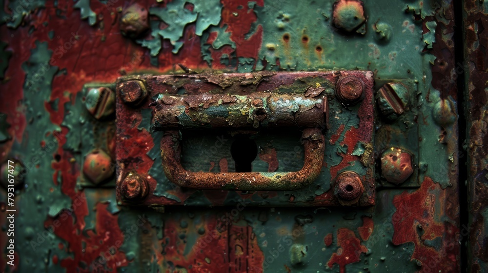   A tight shot of a weathered metal door, adorned with rivets and featuring a central hole