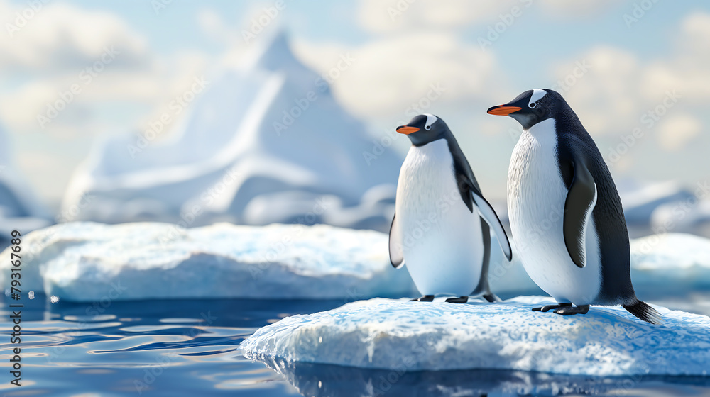 Two penguins on island, ice floes, iceberg on the background	