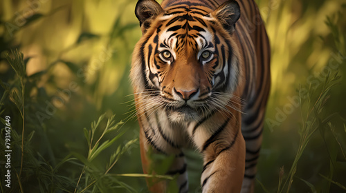 A majestic tiger prowls in the grass photo
