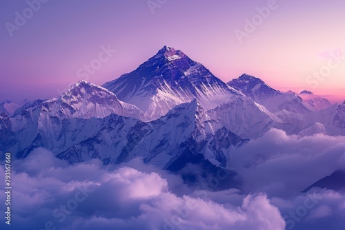   A panorama of a mountain peak amidst clouds in the foreground, against a backdrop of a rosy-hued sky © Jevjenijs
