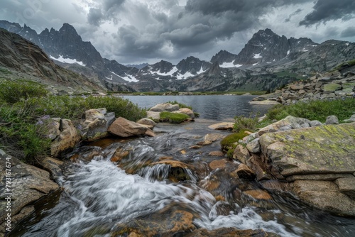  A tiny stream meanders through a verdant field, bordering snow-capped mountains in the distance