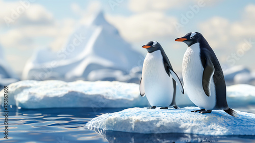 Two penguins on island  ice floes  iceberg on the background 