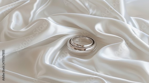  A tight shot of two interlinked wedding rings against a clean white satin backdrop The rings are framed with an exact replica of one ring placed in the image's center