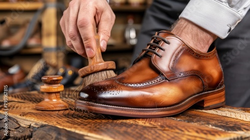   A person closely holds a shoe brush above a wooden base, adjacent to a shoe shiner photo