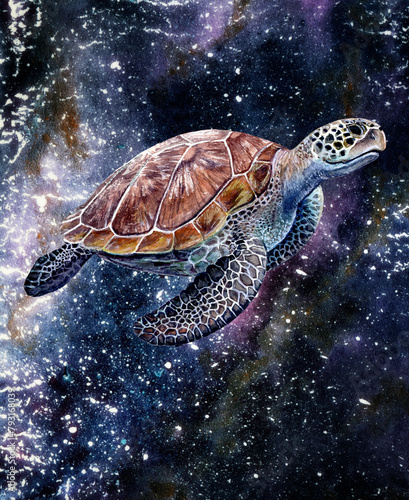 Kemps ridley sea turtle swimming in a fluid space like environment watercolor painting photo