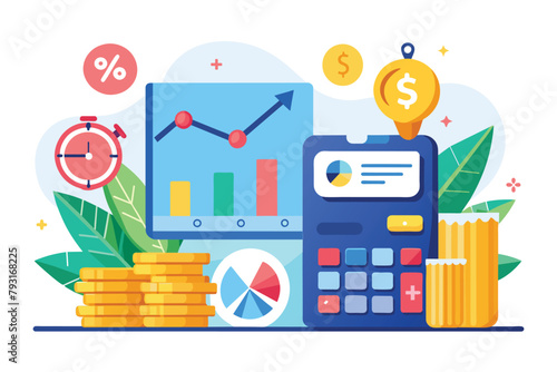 A calculator and stacks of coins positioned next to a monitor in a financial analysis setting, Finance with calculator, coin and data analyst trending, Simple and minimalist flat Vector Illustration