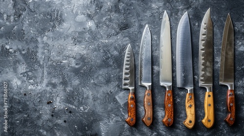   A collection of knives aligned on a gray surface, with one knife positioned centrally among them photo