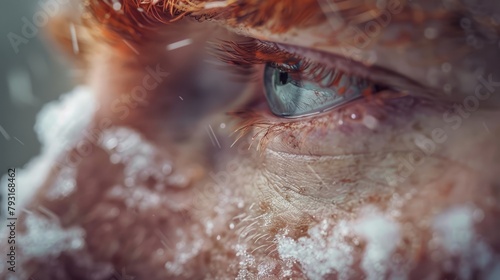  A tight shot of a face, blanketed in snow, reveals a single blue eye peeking from behind