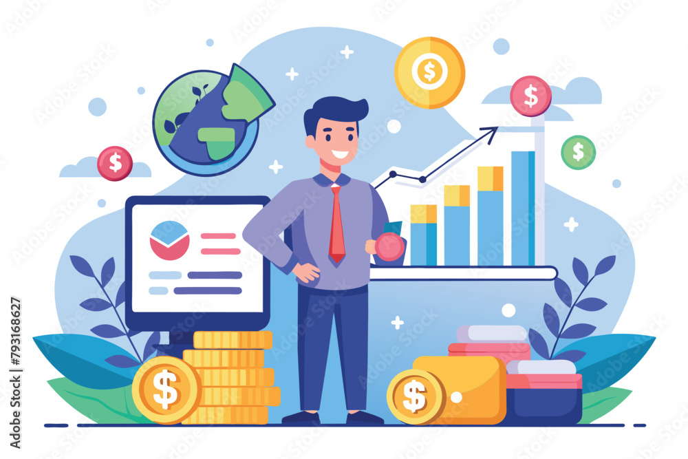 A man is standing in front of stacks of money, Financial administration trending, Simple and minimalist flat Vector Illustration A man is standing in front of stacks of money, Financial administration trending, Simple and minimalist flat Vector Illustration