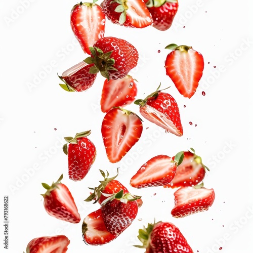  A cluster of strawberries suspended in mid-air, dripping with a splash of water at their base