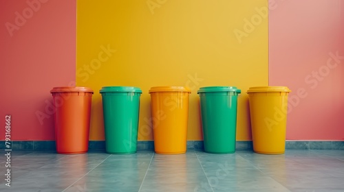   A line of vibrant cups aligned on a tiled floor, facing a yellow-pink wall © Jevjenijs