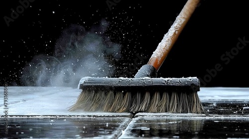   A tight shot of a broom against a wet surface, surrounded by snowflakes falling onto a dark backdrop photo
