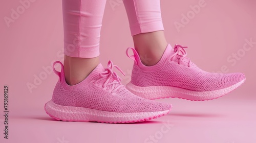  A tight shot of feet in pink shoes and pink leggings against a pink backdrop