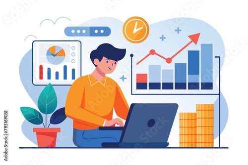 A man is seated in front of a laptop computer, working on financial analyst data input, Financial analyst data input trending, Simple and minimalist flat Vector Illustration