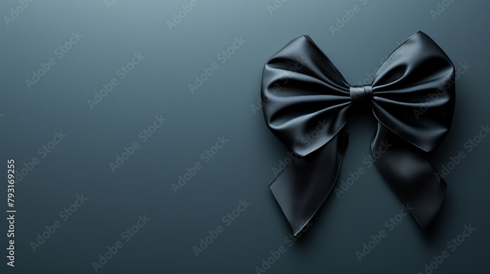 A tight shot of a black bow against a gray backdrop, featuring a gentle light reflection at the bow's base A tight shot of a black bow against a gray backdrop, featuring a gentle light reflection at the bow's base
