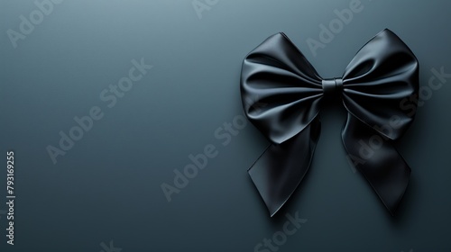  A tight shot of a black bow against a gray backdrop, featuring a gentle light reflection at the bow's base