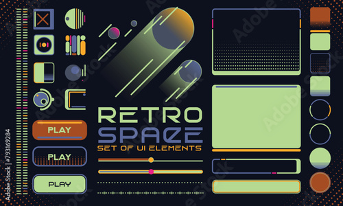 Retro futuristic cosmic illustration set. Game Interfase elements fo HUD in retro futurism style. Good for retro posters, flyers, interfaces. Vector Illustration. EPS10 (ID: 793169284)
