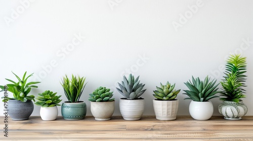  A row of potted plants aligned on a wooden table, facing a white wall