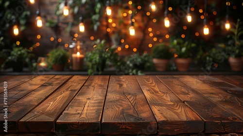 Decorative blurred restaurant lights behind a wooden table.