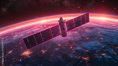 A telecommunication defense satellite in space is receiving military security data via an internet connection. A background modern illustration shows worldwide protection tracking information. photo