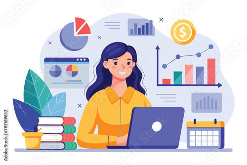 Woman Working on Laptop, financial budget planning modern flat concept for web banner design female analyst financial studies, Simple and minimalist flat Vector Illustration
