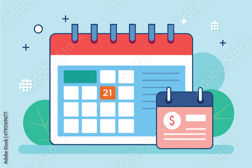 Minimalist calendar and financial bill payment calendar placed on a blue background, financial bill payment calendar, Simple and minimalist flat Vector Illustration