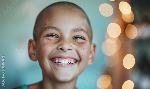 A smiling kid boy in cancer hospital photo