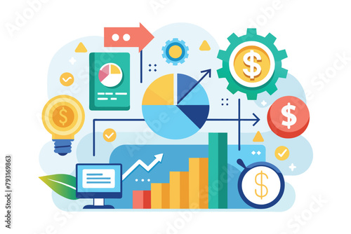 Financial Diversification Chart With Clock and Dollar Sign, Financial diversification plan composition with income symbols, profit accounting, Simple and minimalist flat Vector Illustration