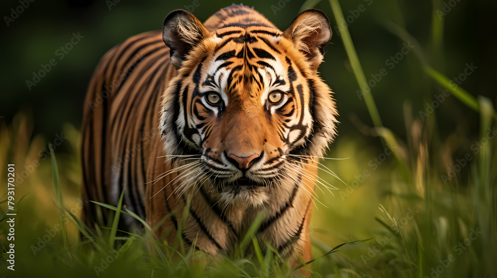 Fototapeta premium A majestic tiger prowls in the grass