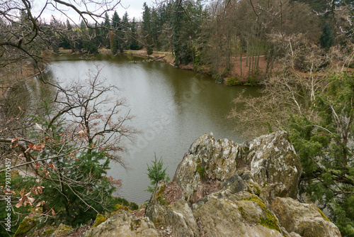 Pruhonice, Czech Republic - March 29, 2024 - the Borin Pond in the Pruhonice Park near Prague at the beginning of spring  