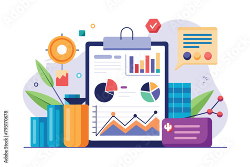 A clipboard displaying a chart is positioned next to a variety of other objects, Financial reports and business graph analysis, Simple and minimalist flat Vector Illustration
